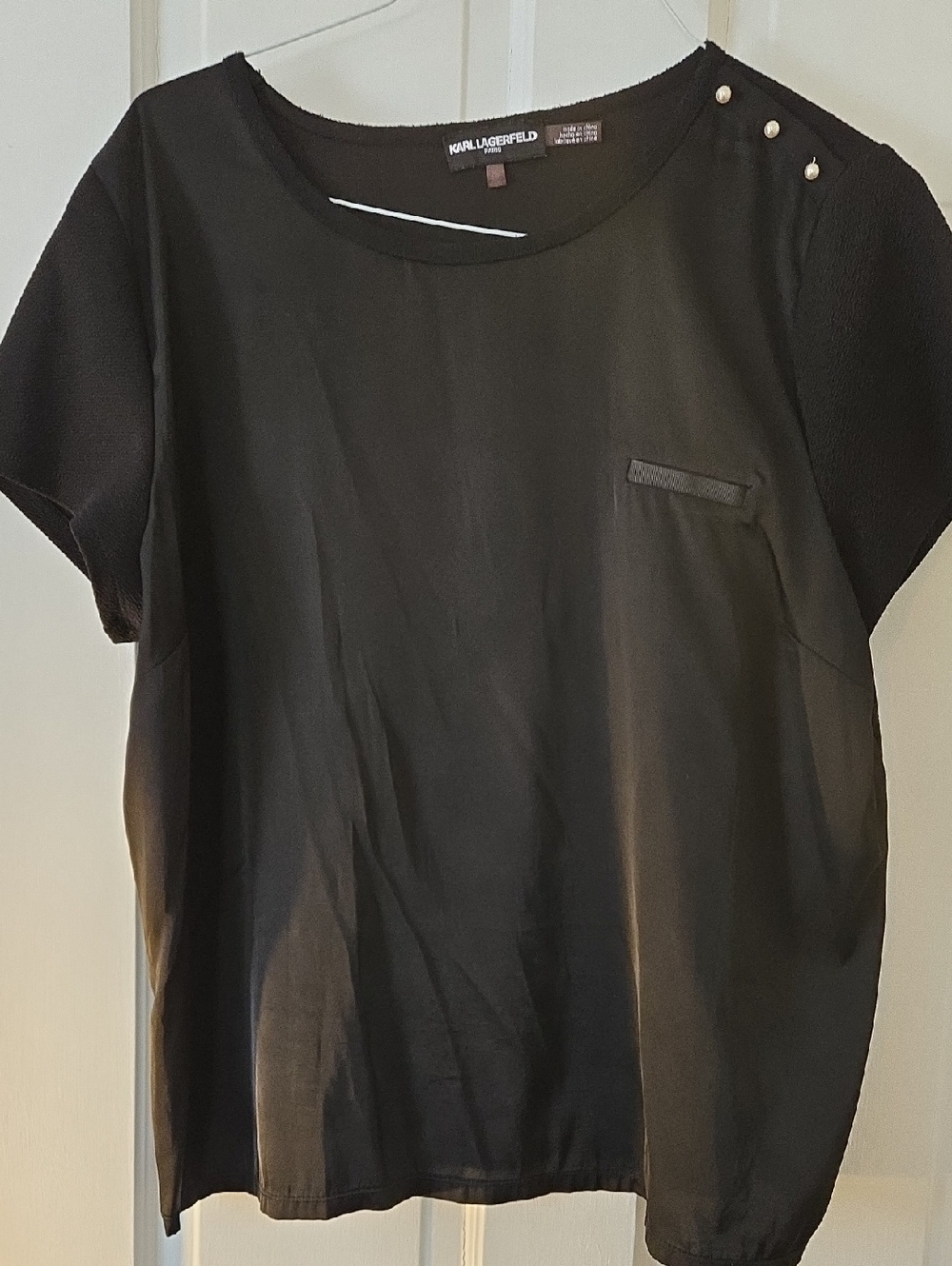 Karl Lagerfeld Black Short-Sleeve Blouse with Pearl Shoulder Buttons